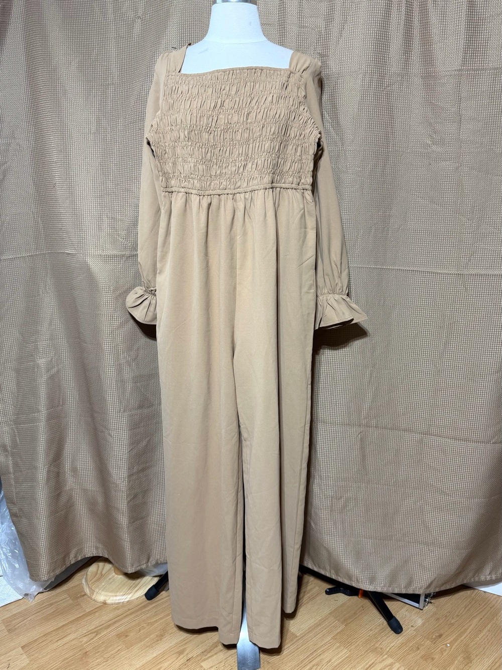 Smocked Square-Neck Jumpsuit in Tan